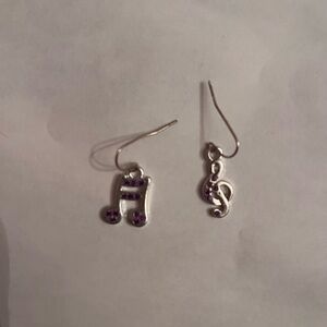 Silver Music Note Earrings with Purple Accents